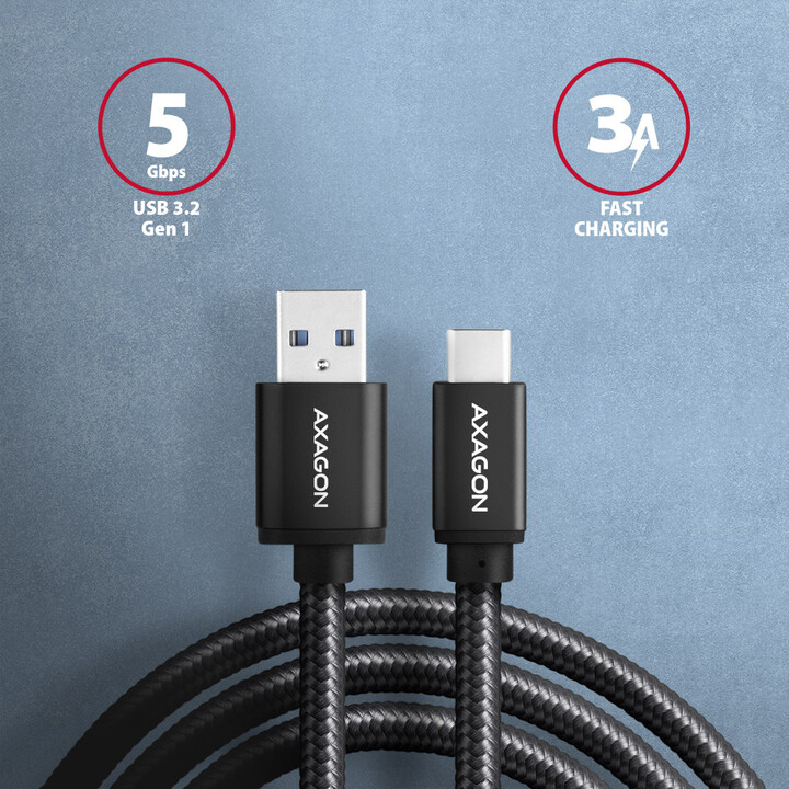 Kabllo AXAGON USB-A - USB-C SPEED USB3.2 Gen 1, 3A, 2m, e zezë