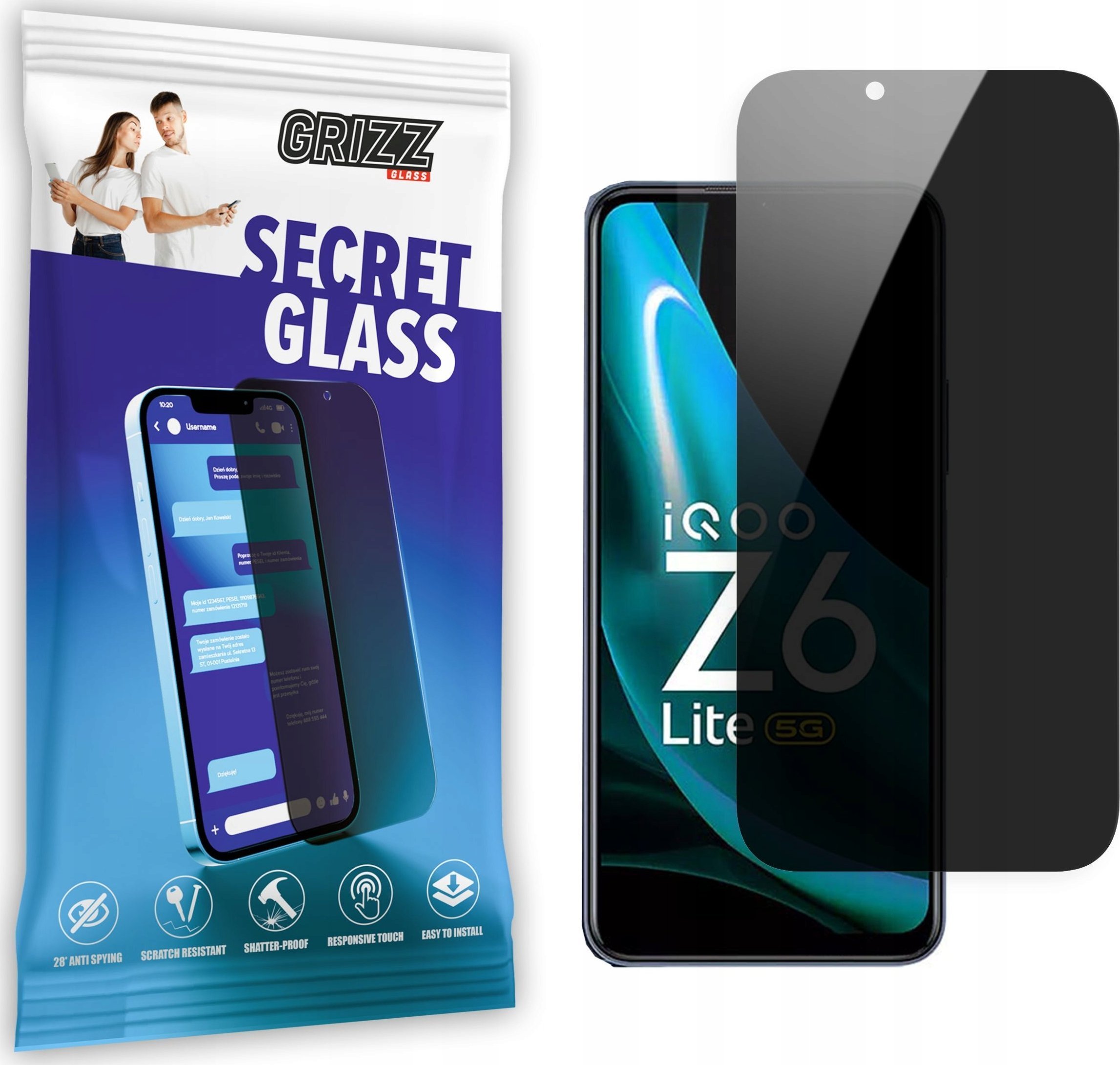 Xham mbrojtës Grizz SecretGlass për Vivo iQOO Z6 Lite, Privacy, keramik, transparent