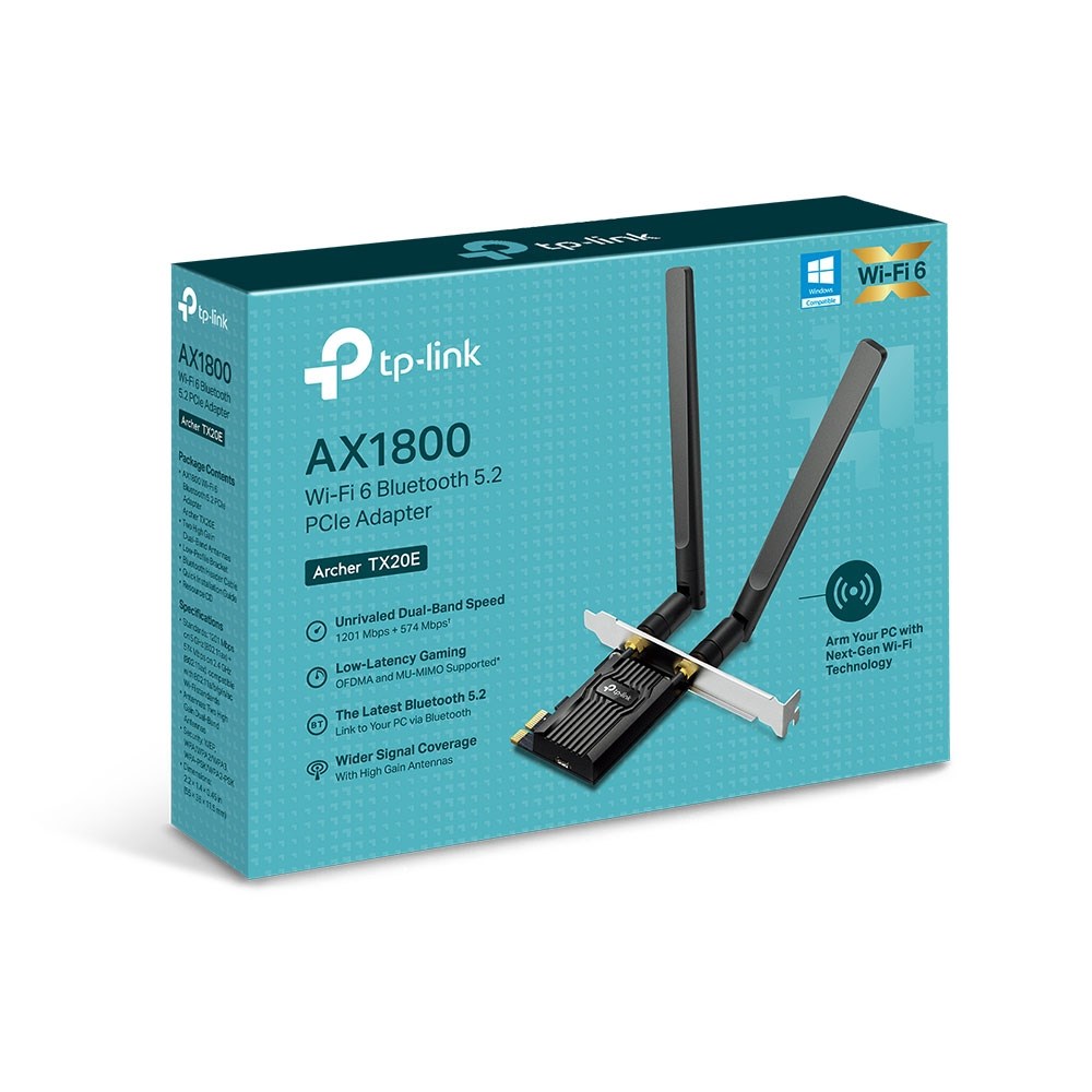 Përshtatës PCIe TP-LINK Archer TX20E, AX1800 Wi-Fi 6, Bluetooth 5.2, i zi