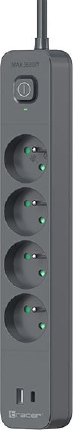 Shirit elektrik Tracer Power Line+, 4 priza, 1.5 m, 2x USB, i bardhë