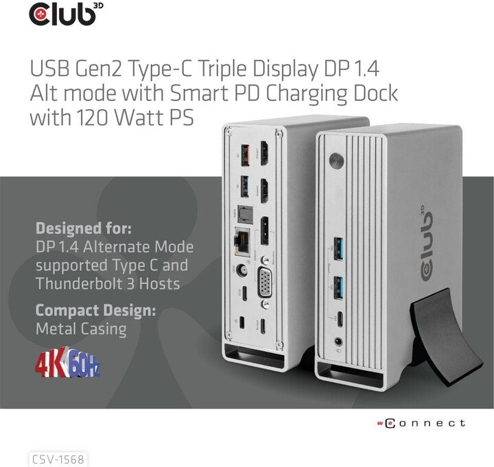 Stacion docking Club3D USB-C, Triple Display DP Alt mode Displaylink, PD 120W