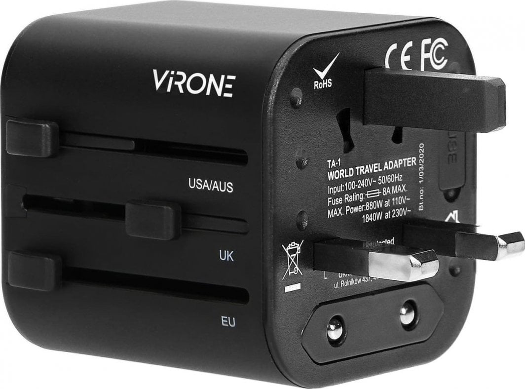 Adapter universal udhëtimi Orno GOworld TA-1, 100-240V, 8A, i zi