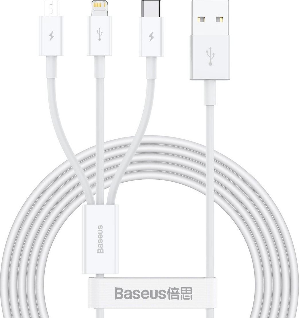 Kabllo Baseus Superior - USB në USB-C, microUSB dhe Lightning, 1.5m, e bardhë