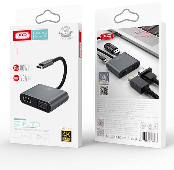 Adapter USB C XO HUB001, 4in1, HDMI VGA PD 100W, argjendtë