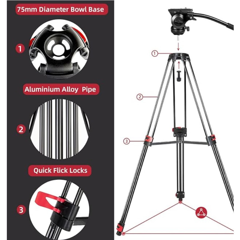 Video Tripod with Fluid Head 185cm
