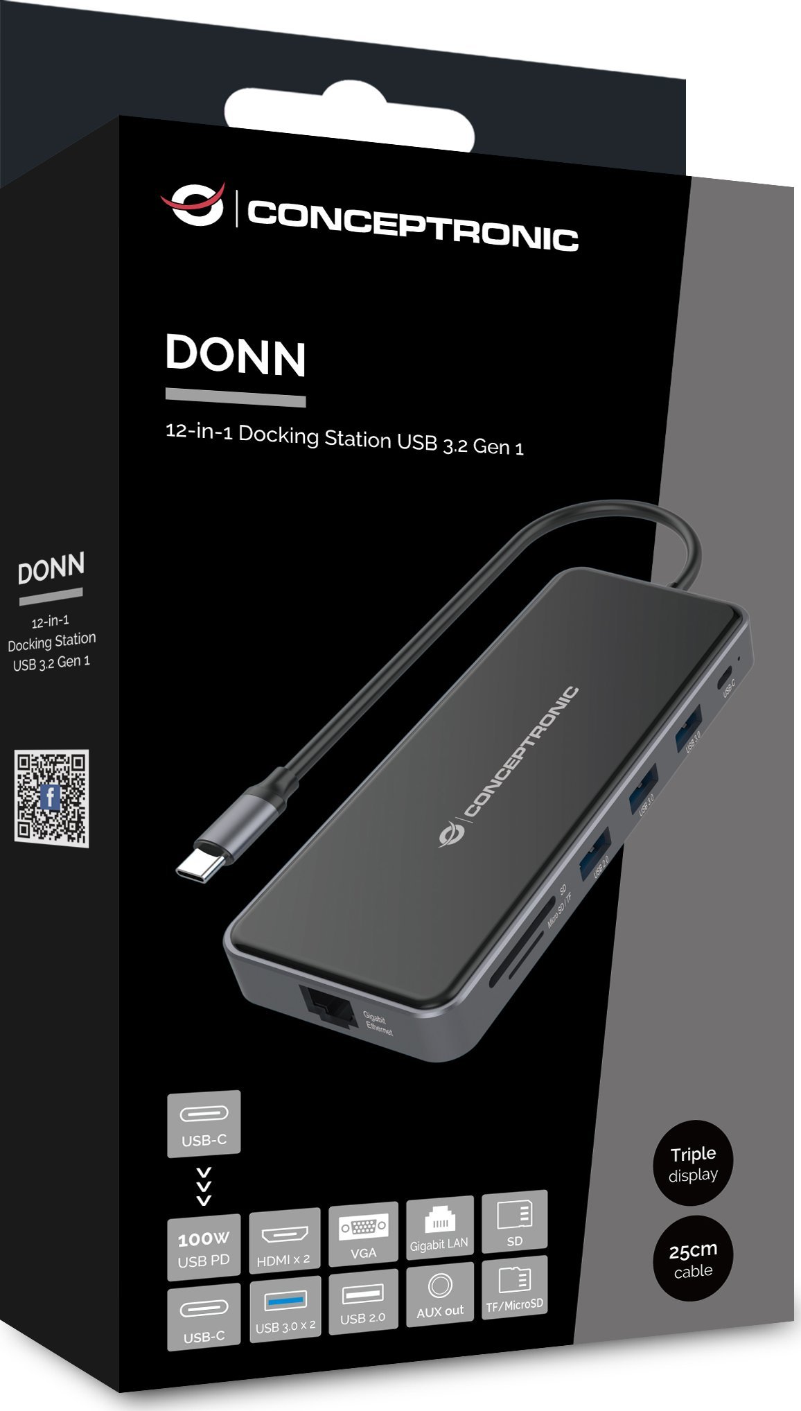 Docking station Conceptronic DONN15G, USB C, 12 në 1, gri