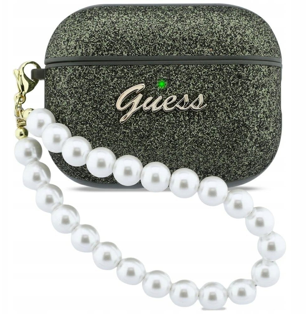 Mbulesë kufjesh Guess Glitter Pearl Strap për AirPods Pro 3, plastike, me varëse dekorative, e zezë me shkëlqim