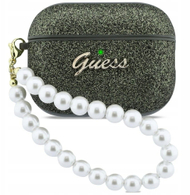 Mbulesë kufjesh Guess Glitter Pearl Strap për AirPods Pro 3, plastike, me varëse dekorative, e zezë me shkëlqim