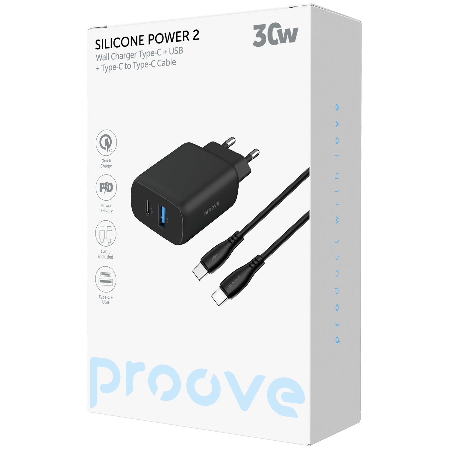 Karikues muri Proove Silicone Power 2, 30W, Type-C + USB, me kabllo Type-C në Type-C, i zi