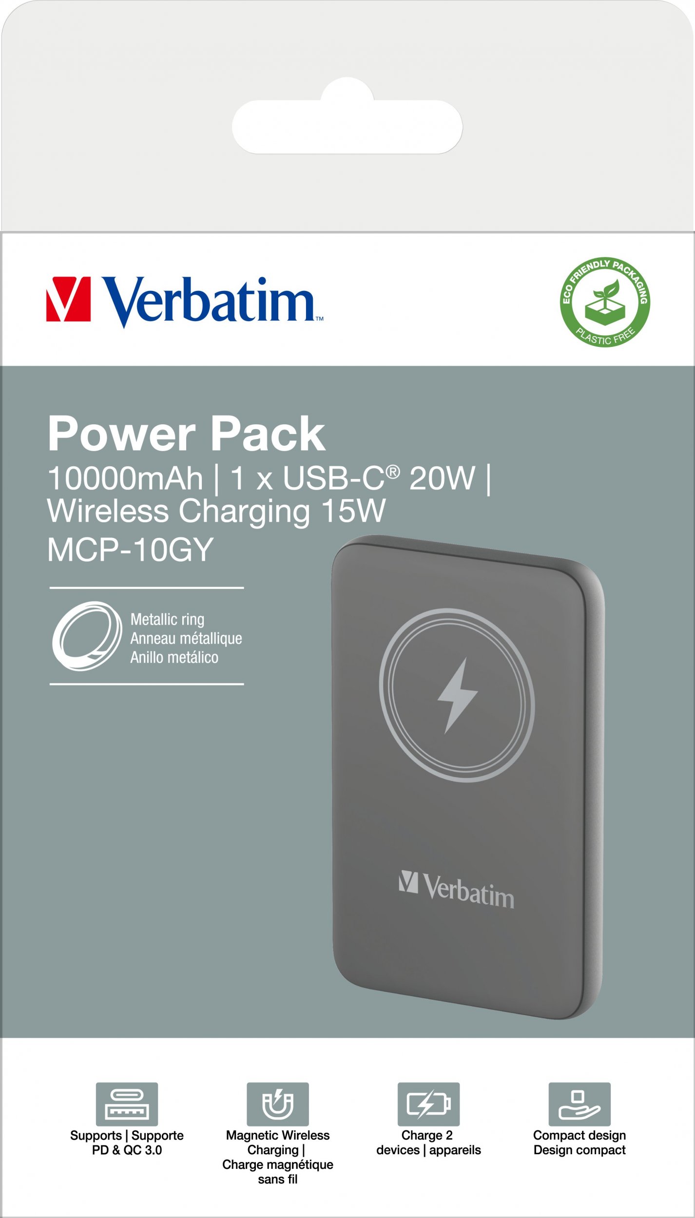 Power bank Verbatim Charge n Go, 10000mAh, wireless magnetik 15W, gri