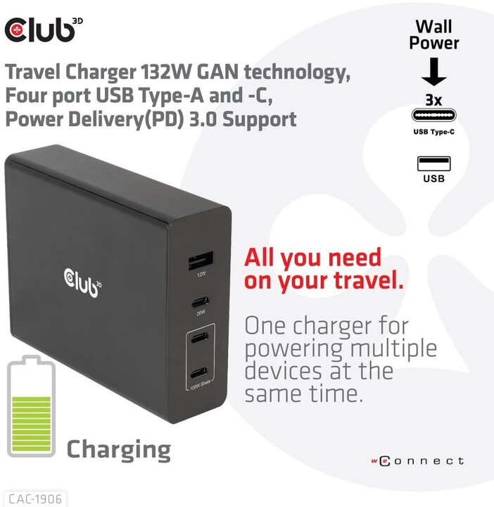 Karikues Club3D, teknologji GAN, 4xUSB-A dhe USB-C, PD 3.0, 132W, i zi