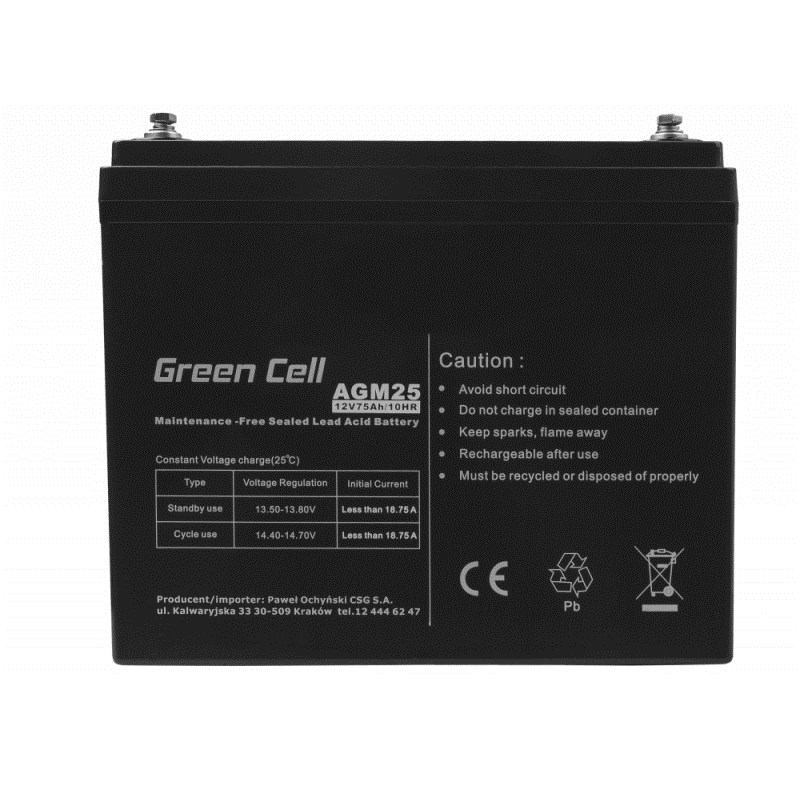 Bateri AGM Green Cell AGM25, 12V, 75Ah, e zezë