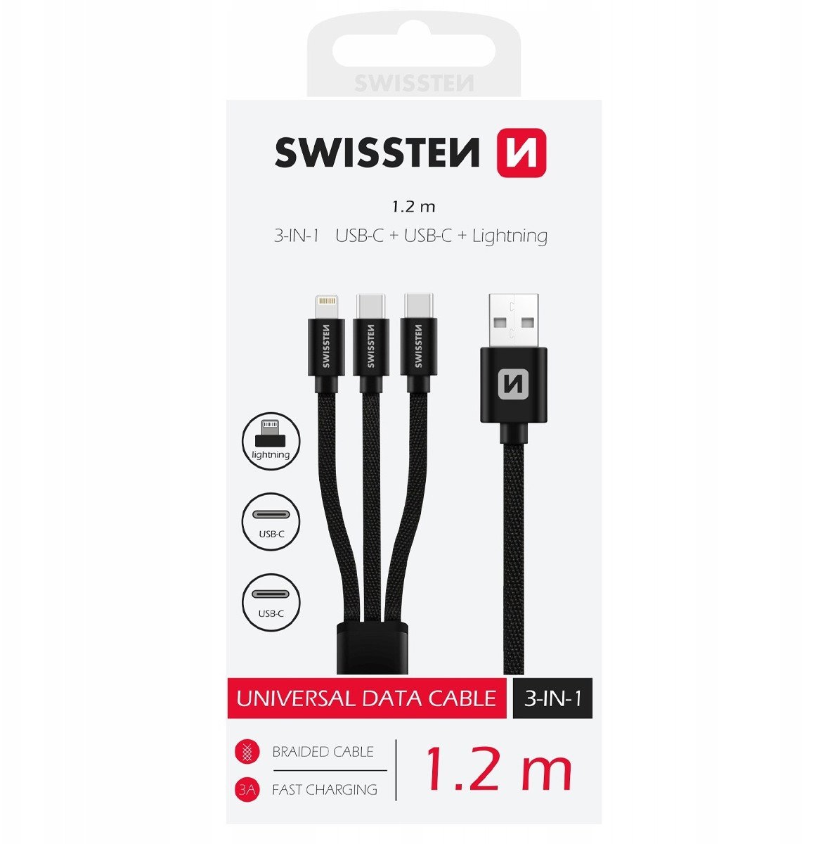 Kabllo karikimi Swissten Textile 3in1, 1.2m, USB A në USB C dhe Lightning, e zezë