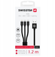 Кабел за полнење Swissten Textile 3in1, 1.2m, USB A во USB C и Lightning, црна