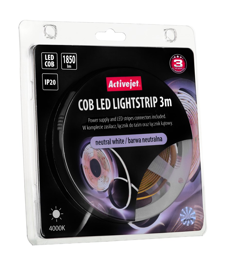 Shirit drite ActiveJet AJE-COB, 3m, 19W, 1850lm, e bardhë neutrale