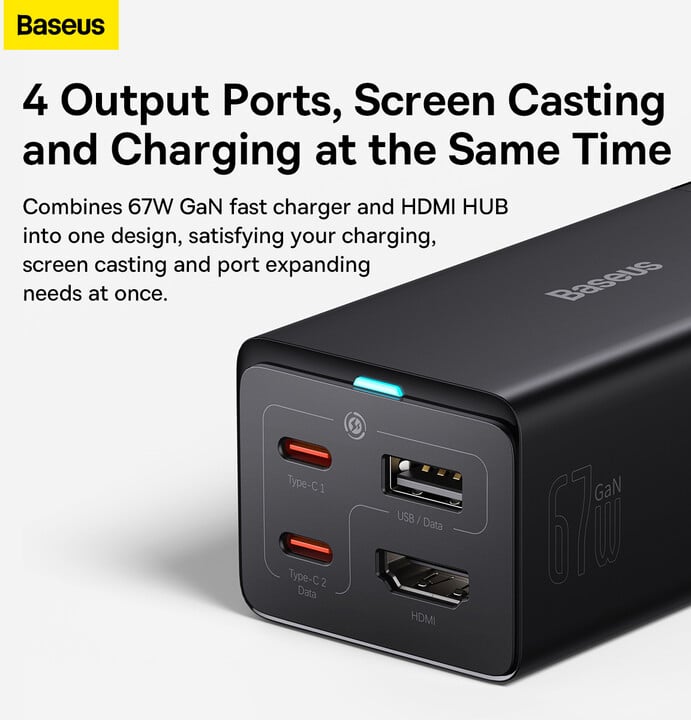Karikues Baseus GaN5 Pro, 2xUSB-C, USB-A, HDMI, 67W, i zi + kabllo 1.5m