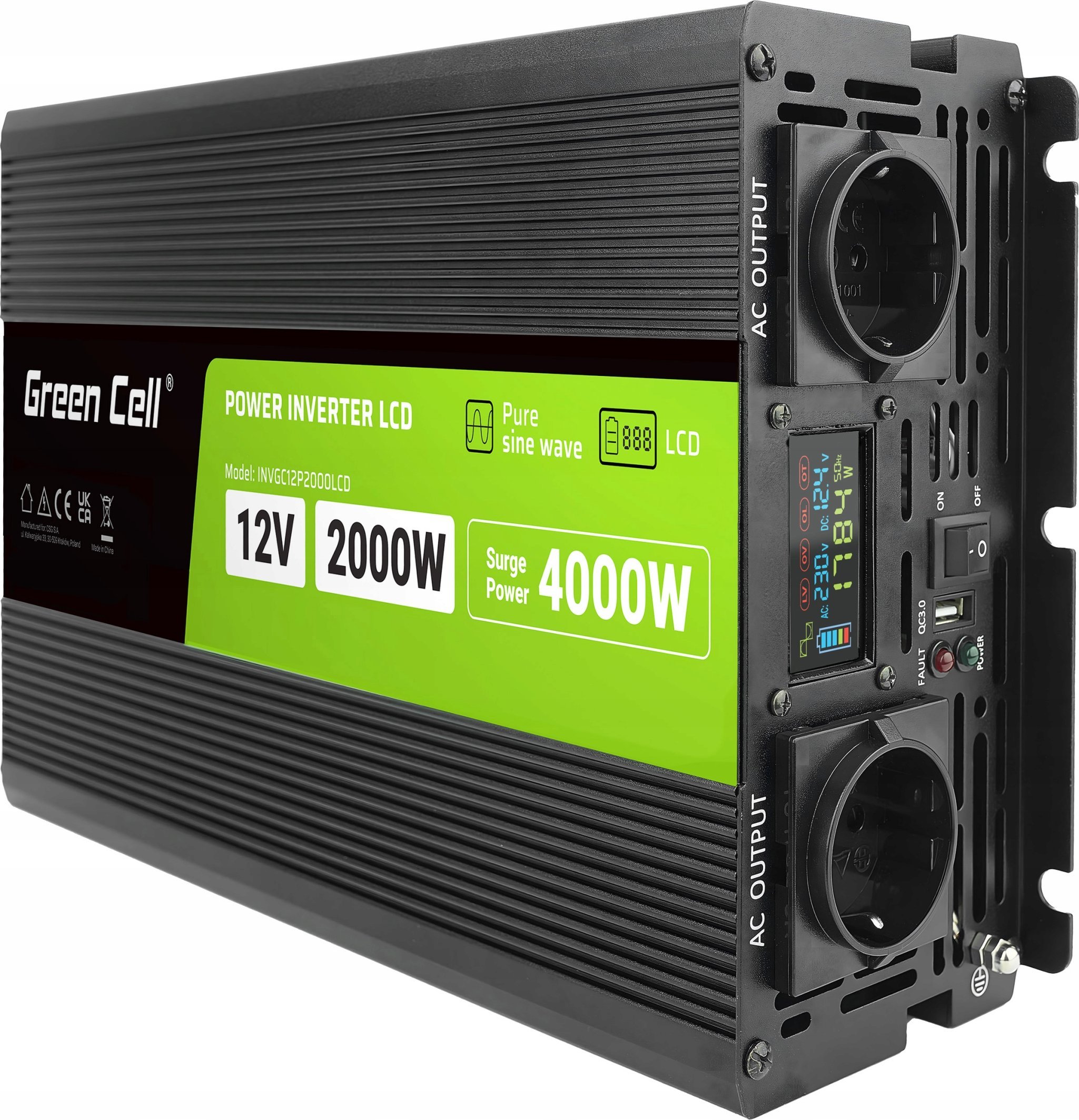 Inverter për makinë Green Cell PowerInverter LCD INVGC12P2000LCD, 12V, 2000W, valë e pastër sinusoide