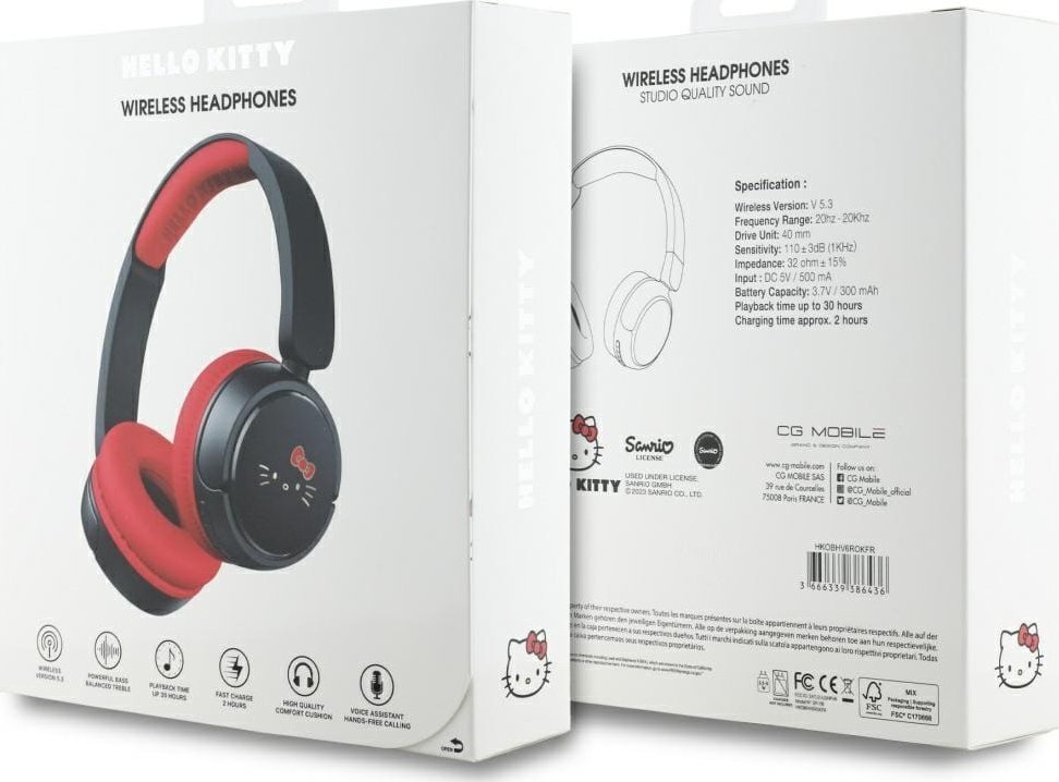 Kuﬁje Bluetooth Hello Kitty HKOBHV6ROKFR, wireless, me mikrofon, të zeza me të kuqe