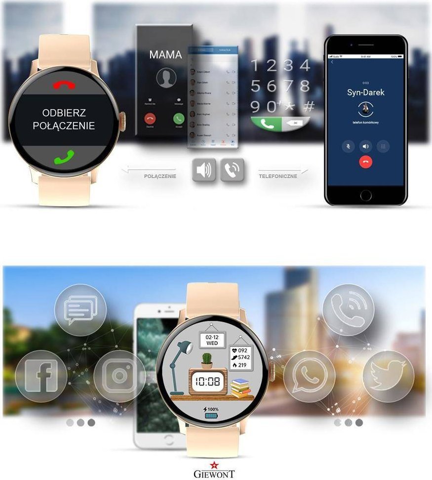 Smartwatch Giewont GW330, Bluetooth, monitorim aktiviteti, rozë