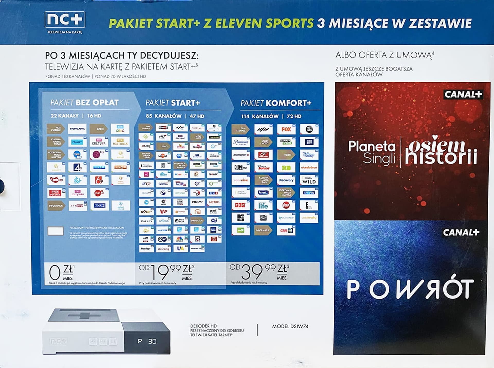 Dekoder satelitor Nc+ Prepaid Start+, HD, 3 muaj Eleven Sports, i zi