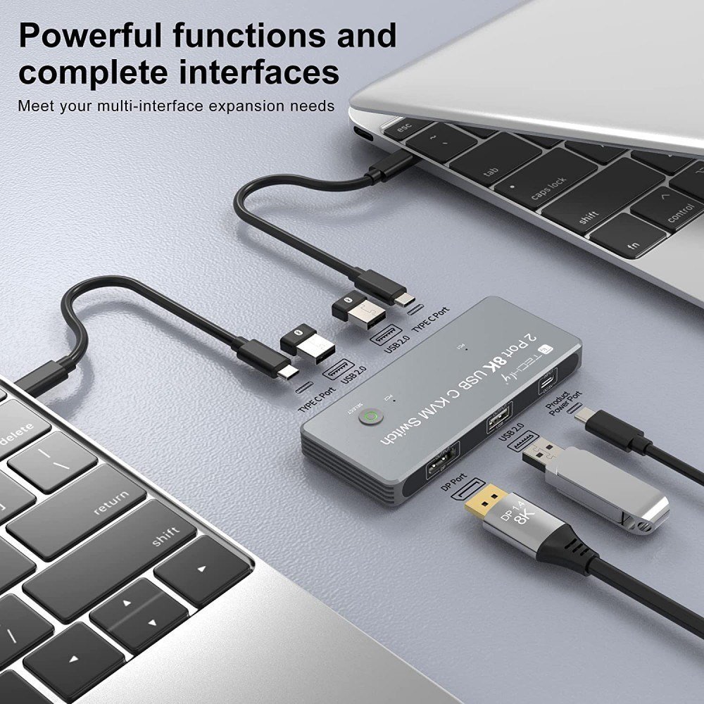 USB C KVM прекинувач Techly, DisplayPort 1.4 8K, 2x USB C, 3x USB 2.0, црн