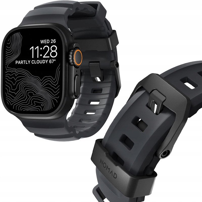 Rrip dore për Apple Watch Nomad Rocky Point Band, 46mm 49mm, FKM fluoroelastomer, ngjyra Storm me aksesore të zinj