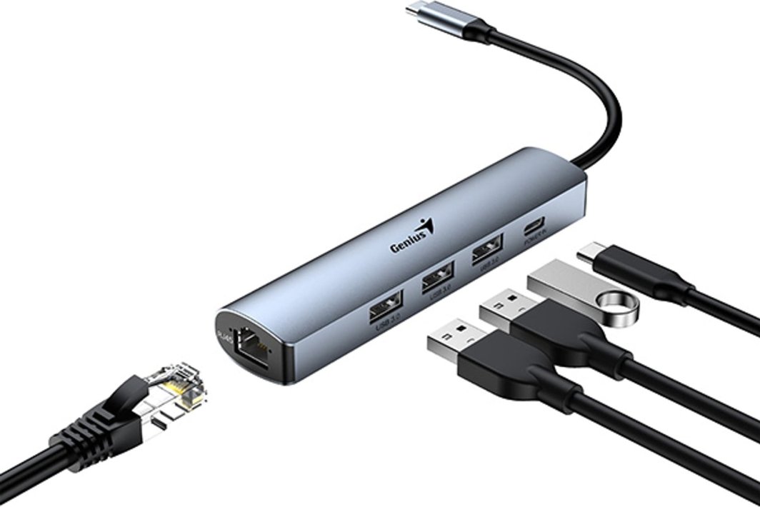 USB Hub Genius USB-C me 3 USB-A / USB-C / RJ-45, i hirtë