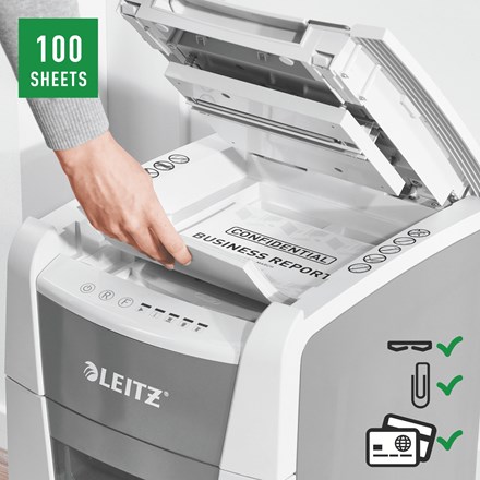 Shredder dokumentesh Leitz Small Office 100, auto 100 fletë, P-4, gri e bardhë