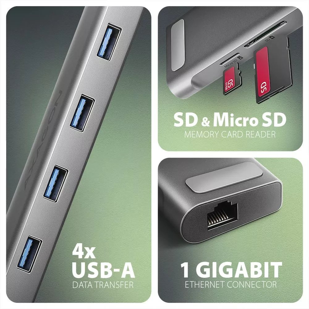 Hub USB Axagon HMC-10HLS, 9in1, USB C, 4K, argjendtë
