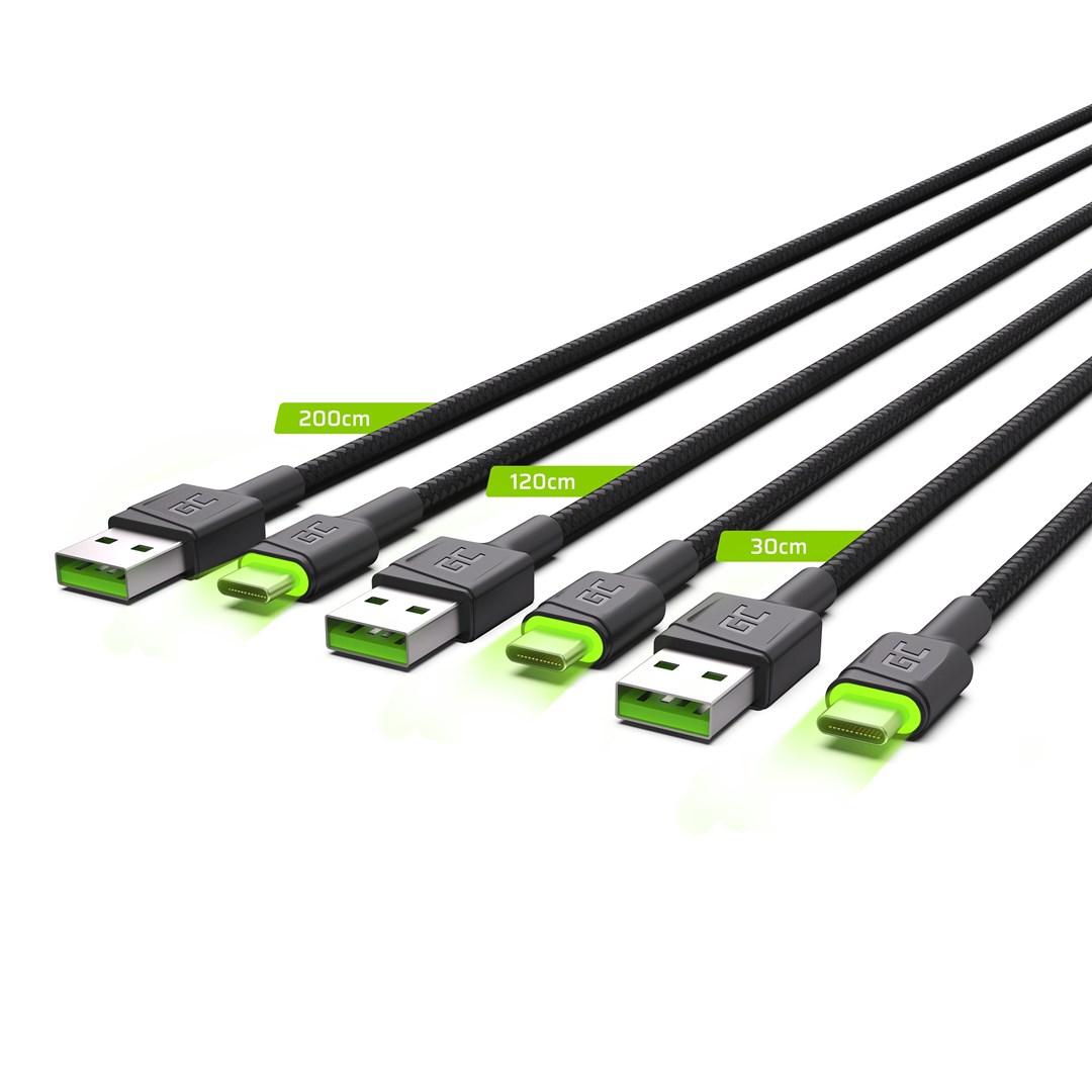 Сет кабли Green Cell, USB-A во USB-C, 3 парчиња, 2 m, црна