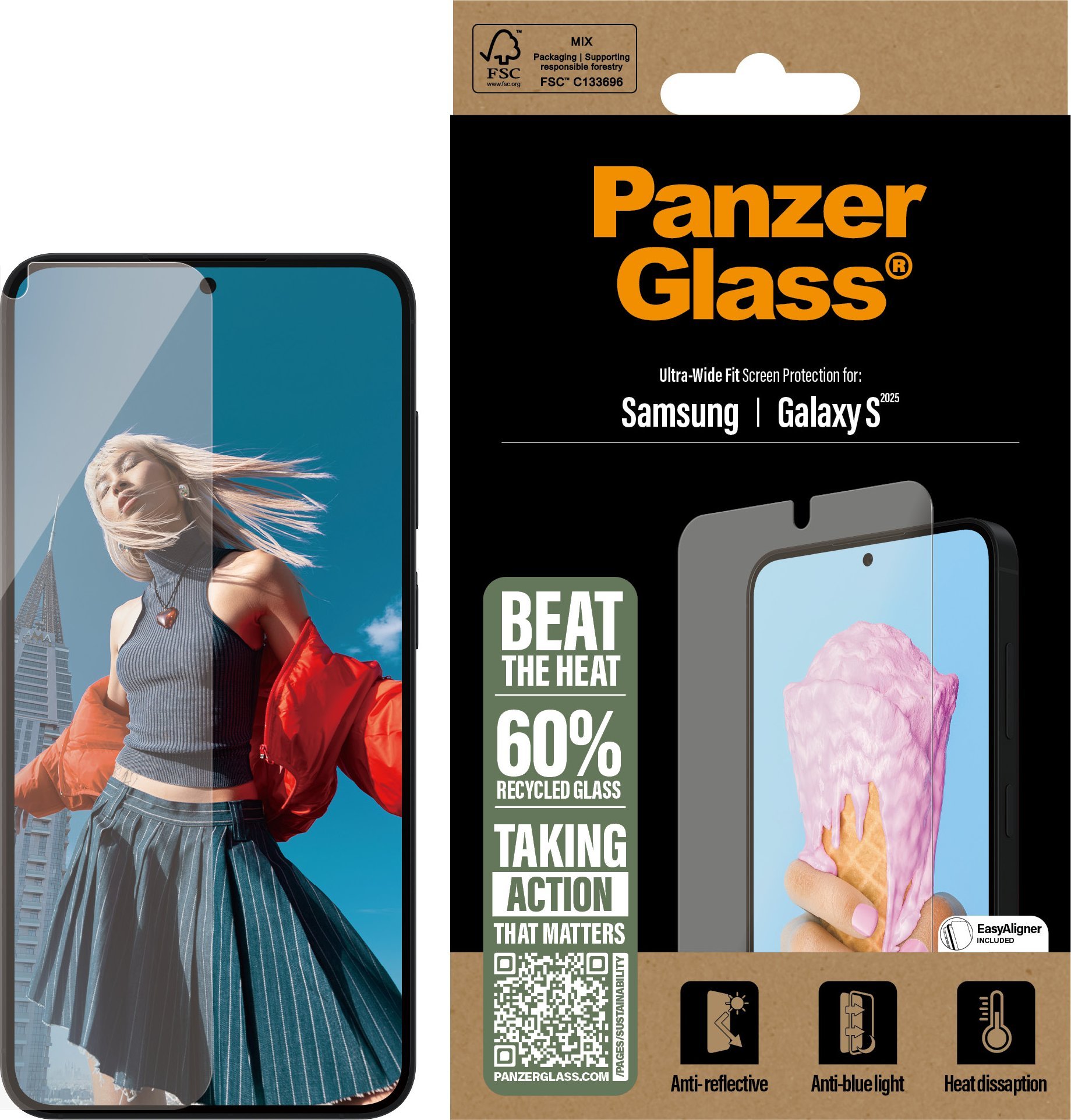 Mbrojtës ekrani PanzerGlass Ultra Wide Fit, për Samsung Galaxy S25, xham i temperuar, transparencë e lartë