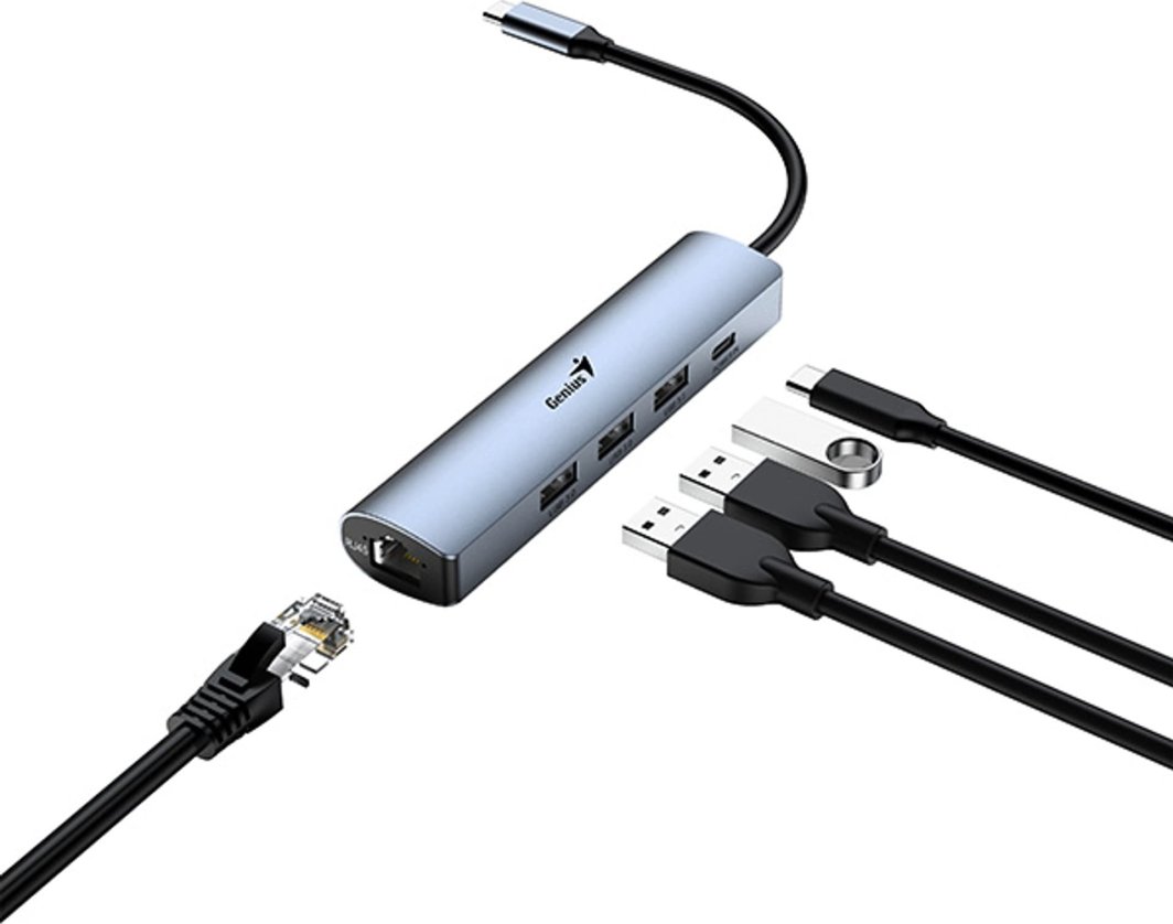 USB Hub Genius USB-C me 3 USB-A / USB-C / RJ-45, i hirtë