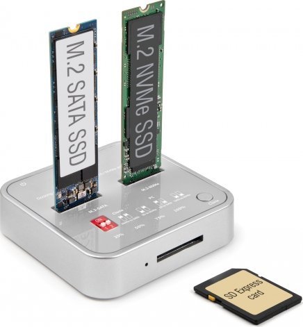 Docking station DeLOCK 64138, M.2 SATA NVMe SD Express, USB, argjendi
