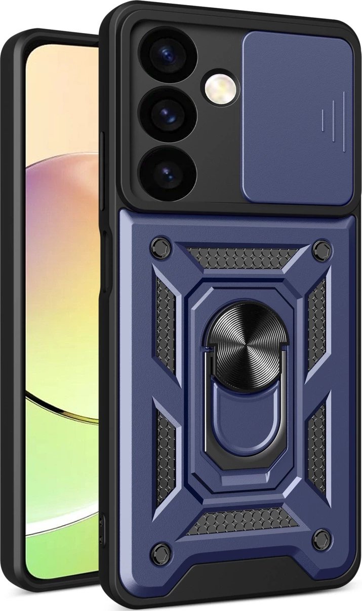Mbështjellës telefoni Hybrid Armor Camshield për Samsung Galaxy S24, me kapak kamere, me unazë metalike, blu