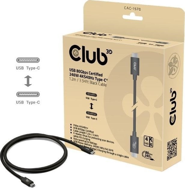 Kabllo USB-C Club3D, 1.2m, 80Gbps, 240W, e zezë