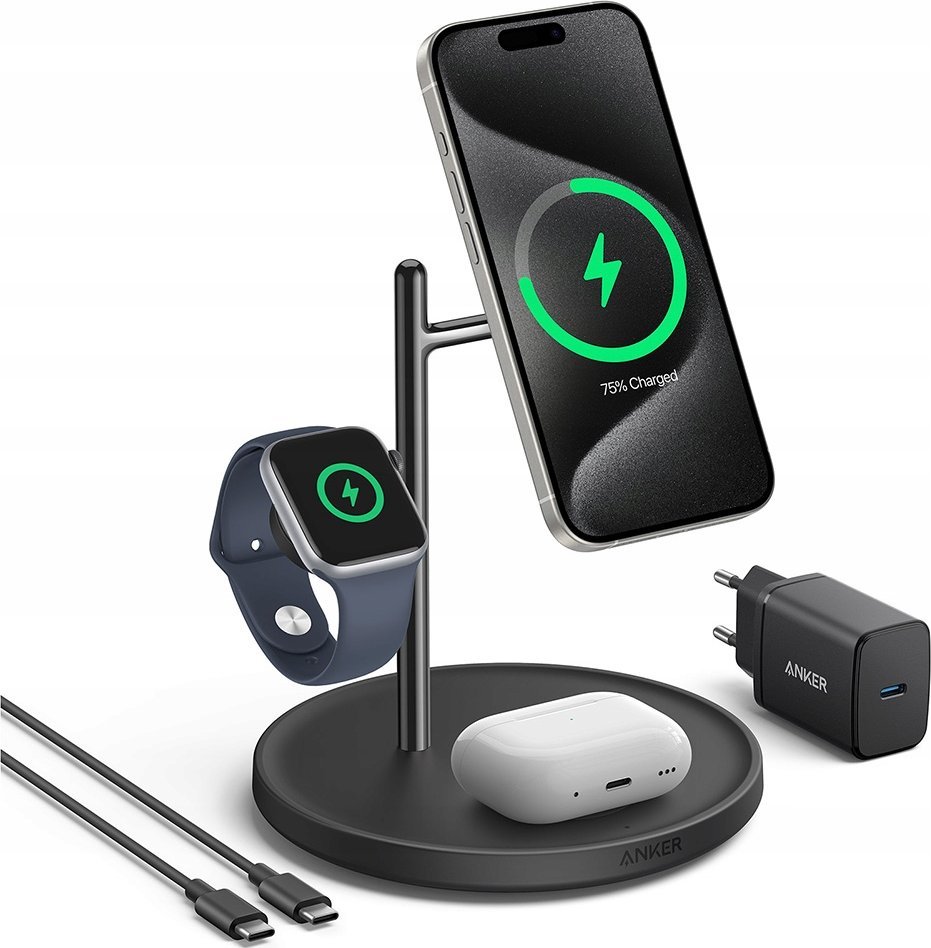 Stacion karikues magnetik Maggo 3 në 1, 15W, i zi