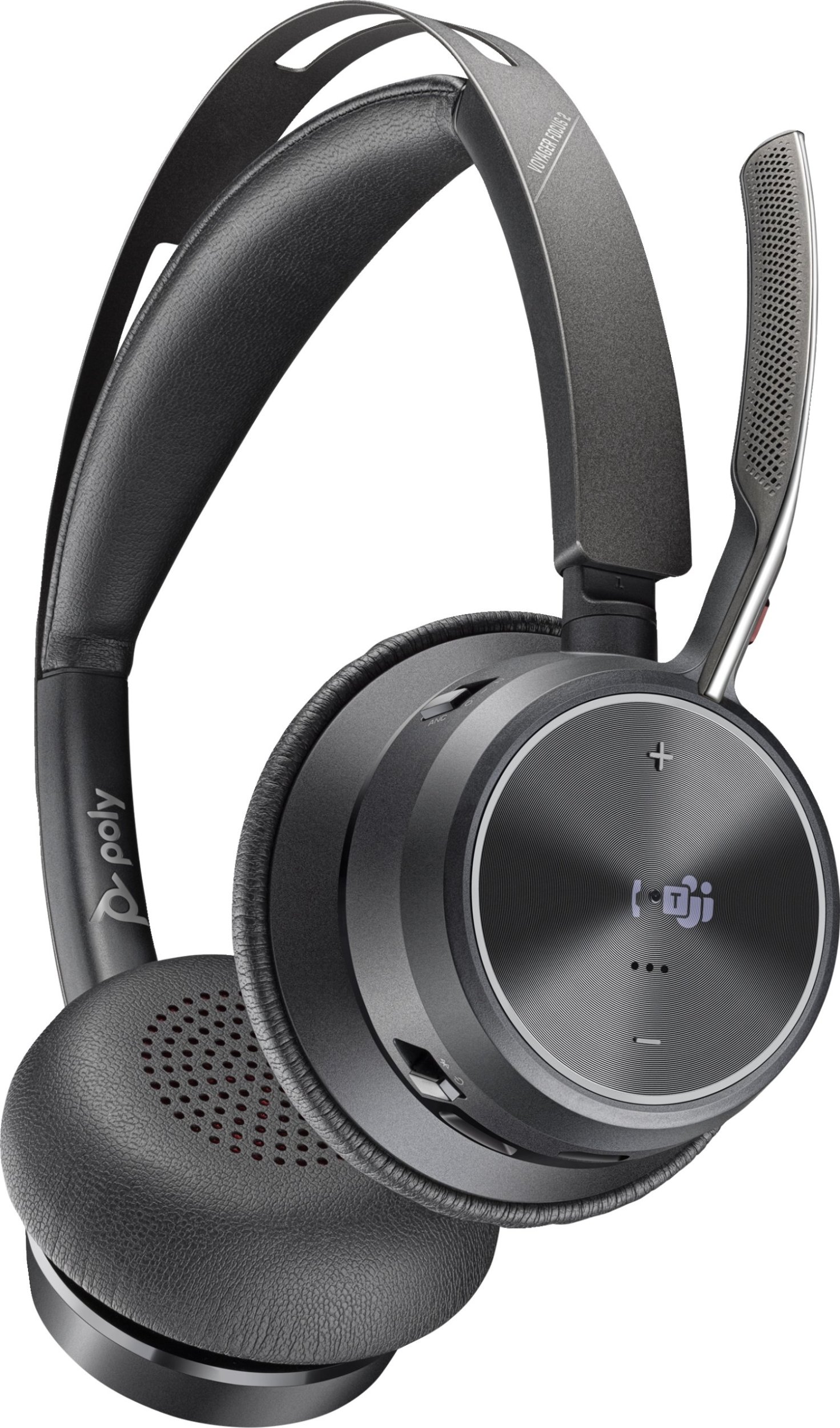 Kufje me mikrofon Poly Voyager Focus 2, pa tela, USB C, me bazë karikimi, të zeza
