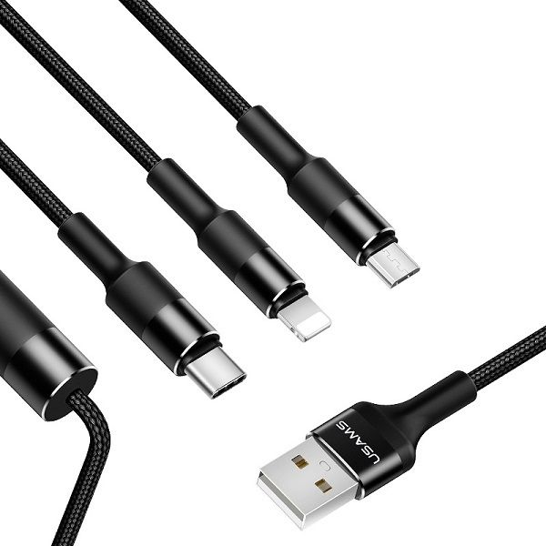 Kabllo karikimi Usams U5 3in1, 1.5m, 2A, e zezë