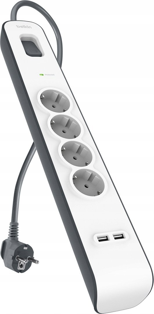 Prizëfiks Belkin Surge Protection, 4 dalje, USB, kabllo 2m, e bardhë
