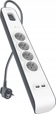 Prizëfiks Belkin Surge Protection, 4 dalje, USB, kabllo 2m, e bardhë