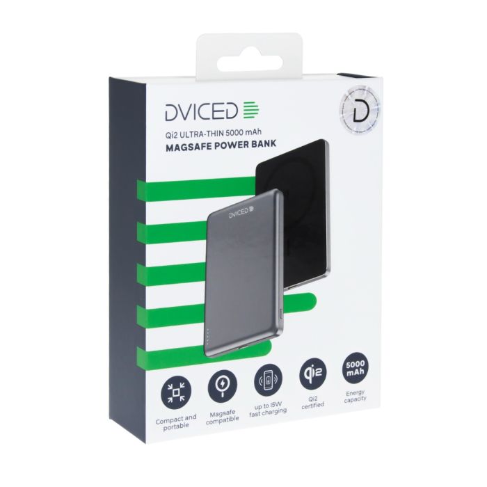 Dviced Qi2 Ultrathin MagSafe Power Bank 5000mAh, Black, Grey