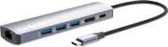 Adapter USB C Manhattan 6 në 1, HDMI, Ethernet, Power Delivery 100W, gri alumini