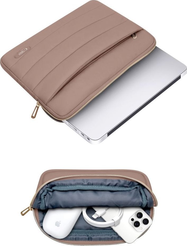 Çantë laptopi Tech-protect Puffy, 13-14", set me çantë aksesorësh, ngjyrë walnut