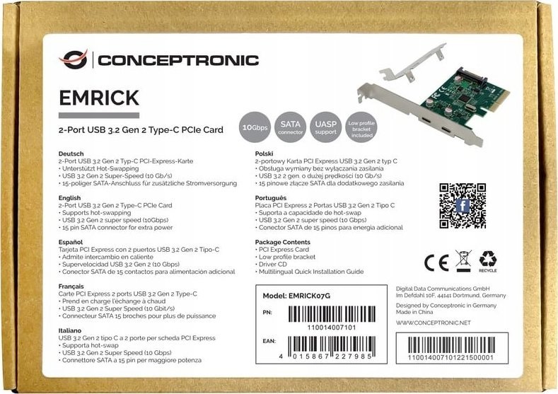 Kartë PCIe Conceptronic EMRICK, 2 porta USB 3.2 Gen 2 Type C, 10 Gbps