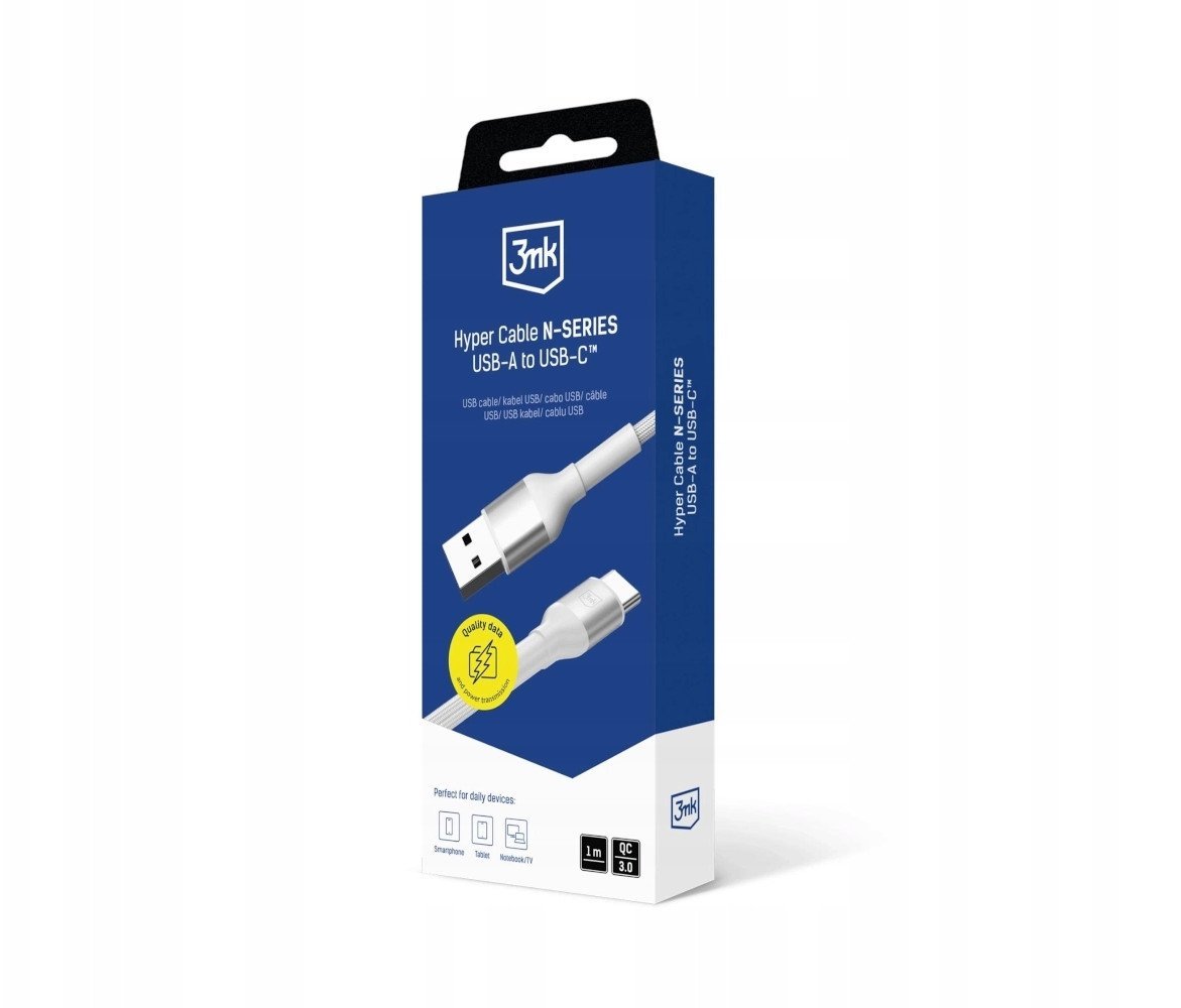 Kabllo USB 3MK Hyper Cable N-Series, USB A në USB C, 1m, 18W, e bardhë