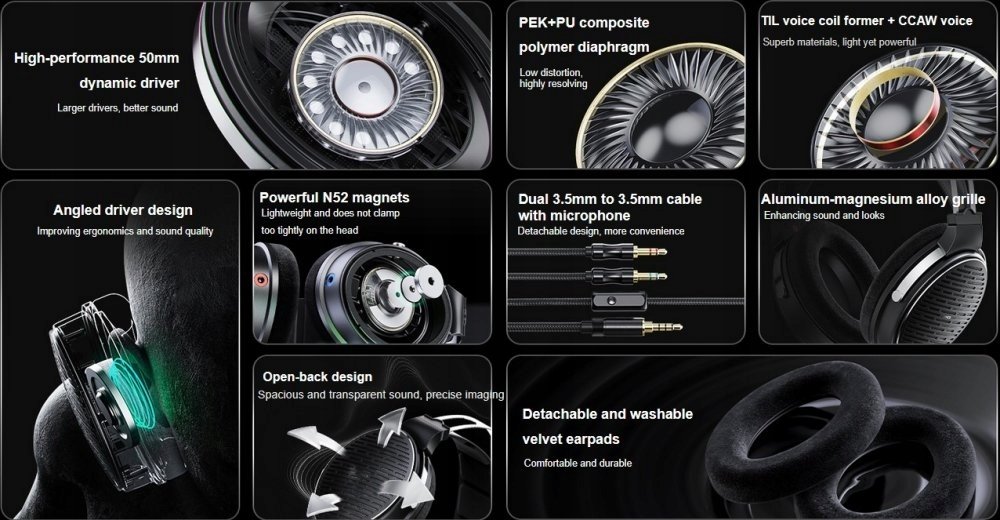 Kufje FiiO x Jade Audio JT3, Hi Fi të hapura, 50mm, të zeza