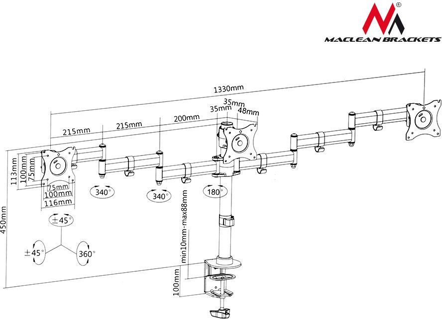 Mbajtëse për 3 monitorë Maclean 13"- 27", e zezë