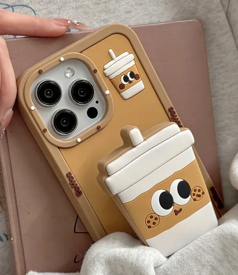 Etui silikoni 3D Coffee me mbajtëse, për iPhone 16, kafe