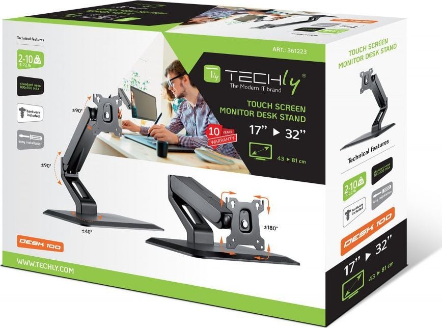 Stendë tavoline për monitor Techly ICA-LCD 35TS, 17"-32", rregullim lartësie, e zezë