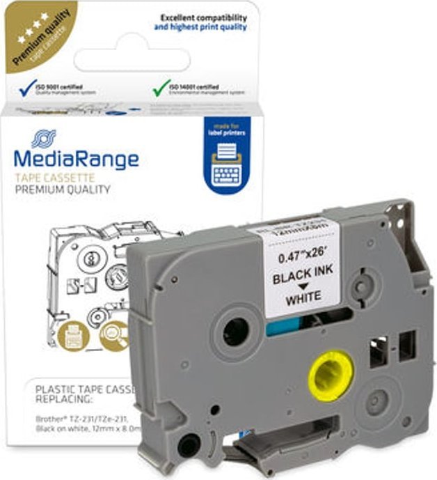 Kasetë shirit etiketash MediaRange TZ 231, 12mm, ngjyrë e zezë mbi të bardhë